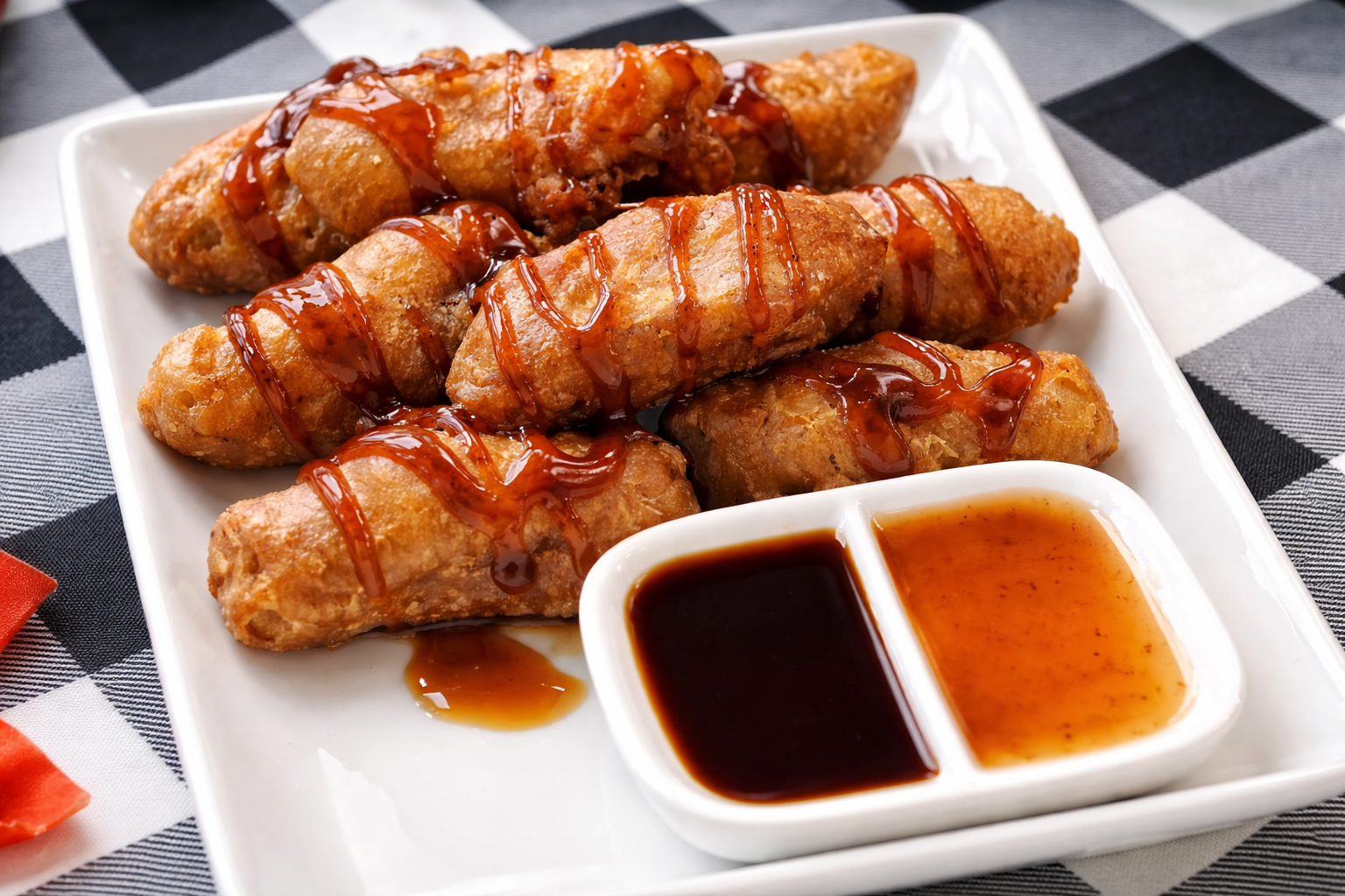 Plate of fried spring rolls topped with sauce, served with black and orange dipping sauces on the side
