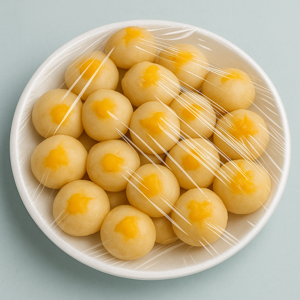 A white bowl filled with small, round yellow and white ice cream balls covered with clear plastic wrap.