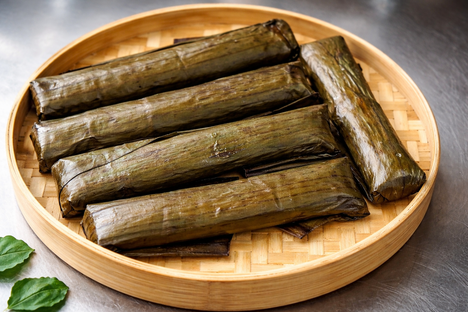 Traditional Chinese zongzi wrapped in bamboo leaves, arranged in a bamboo steamer.