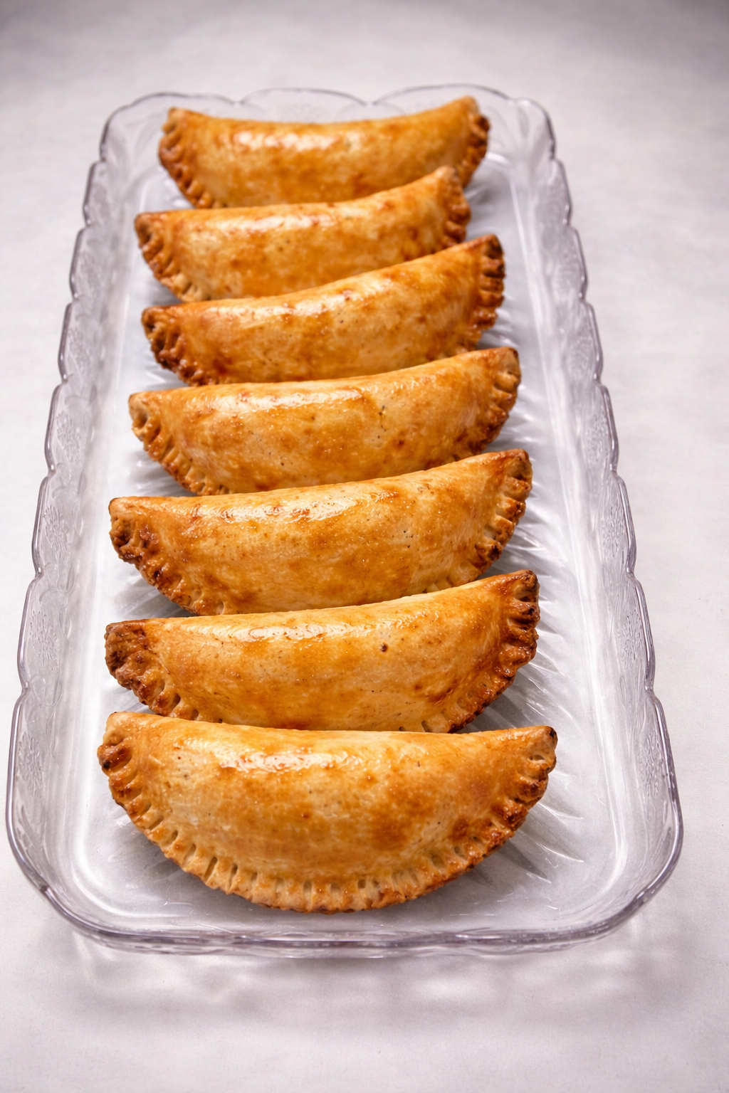 A white rectangular dish holding seven cooked fried empanadas arranged in a row.