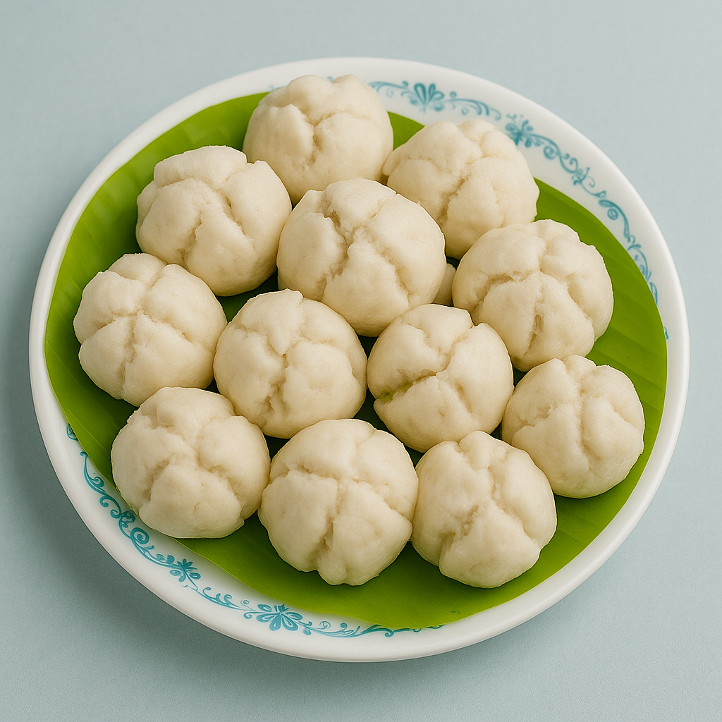 A white bowl filled with steamed soft Indian Indian bread called 'pao' or 'pitha' arranged over a green banana leaf, on a light blue surface.