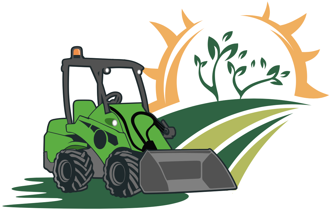 Illustration of a green front loader tractor on farmland with a large sun and a tree in the background.
