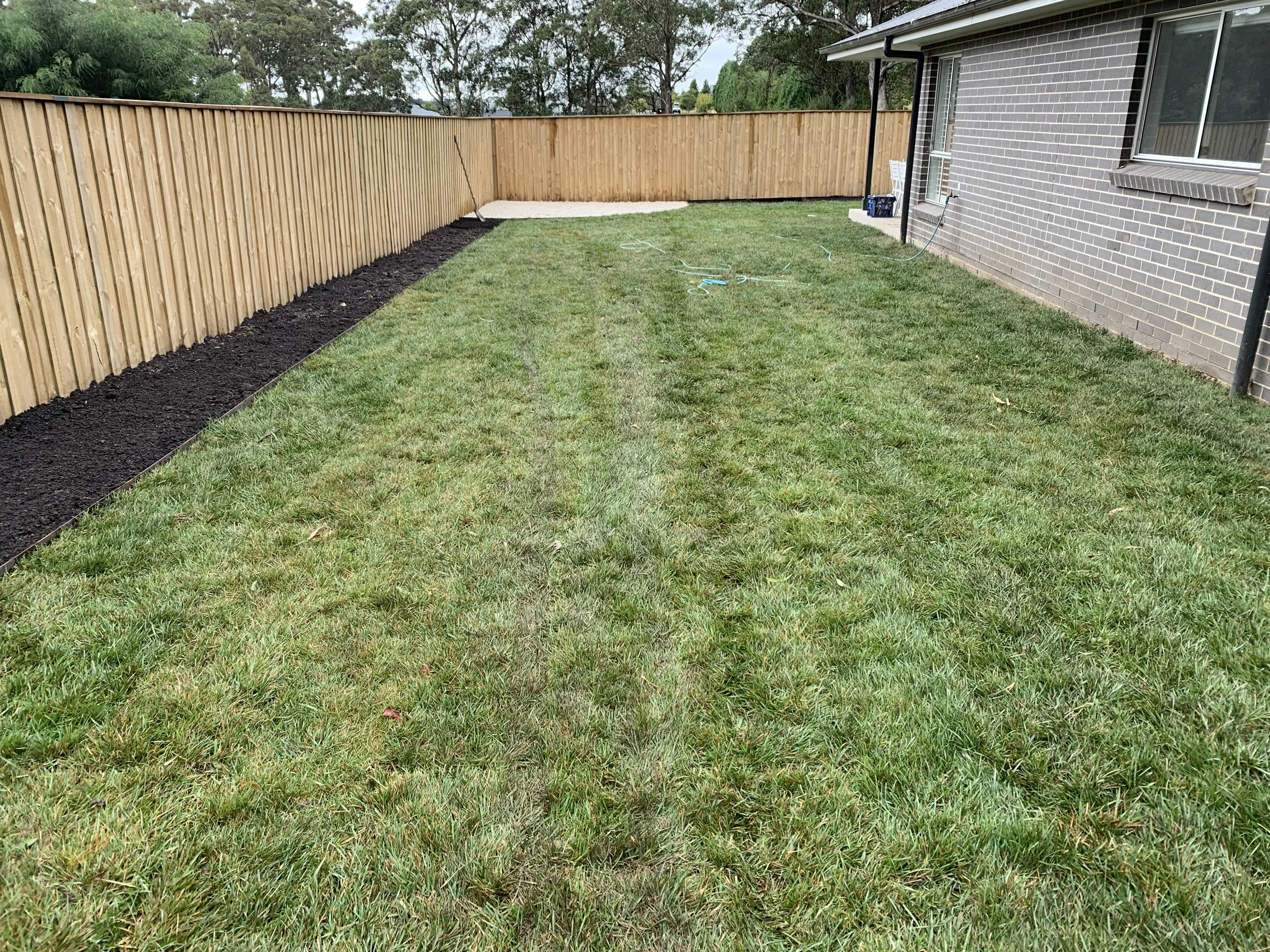 Freshly manicured lawn with neatly edged garden bed, surrounded by a wooden privacy fence, and green grass under a clear sky.