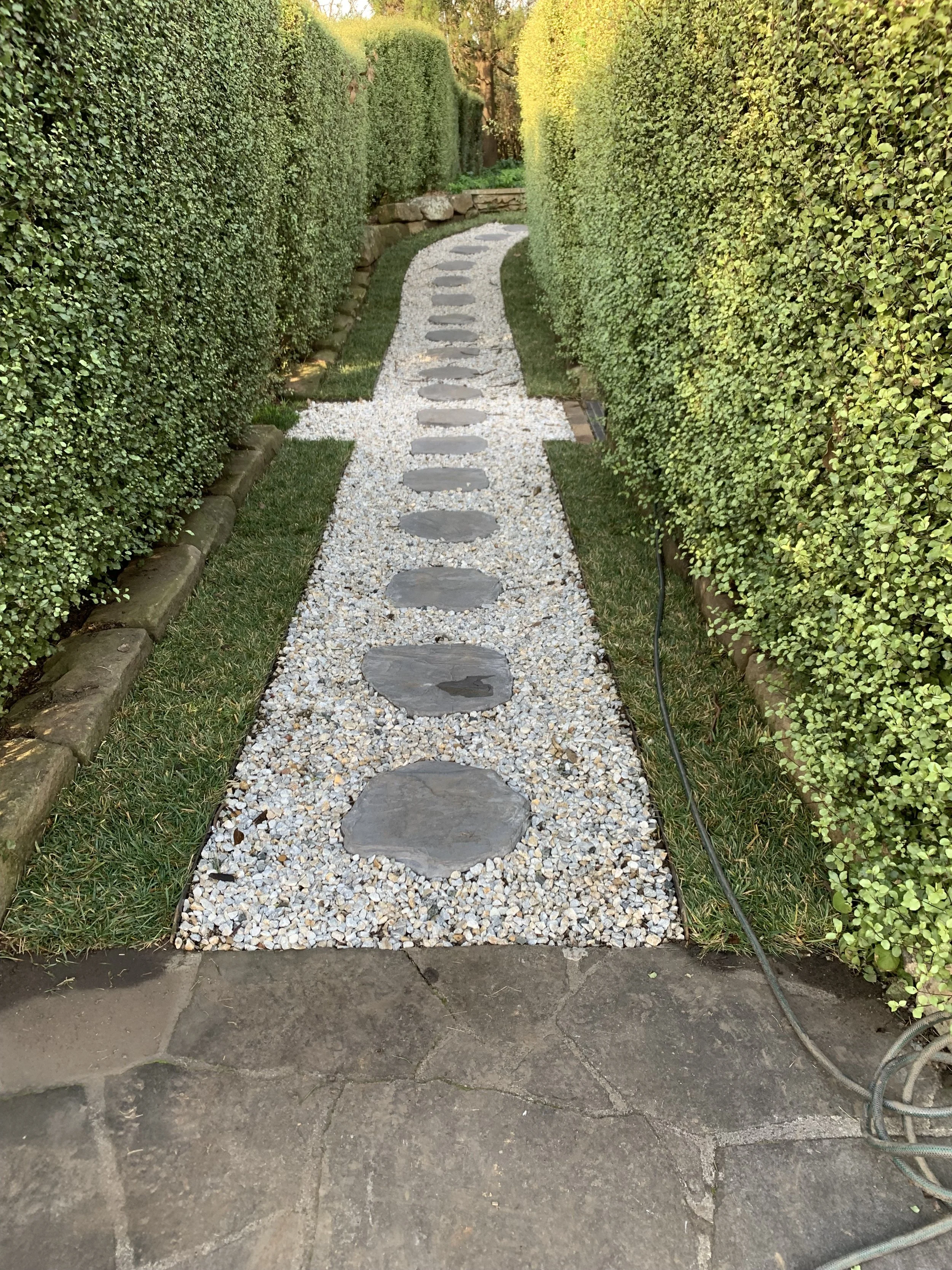 Stepping stones placed in a gravel pathway, bordered by green hedges, creating an elegant garden walkway.