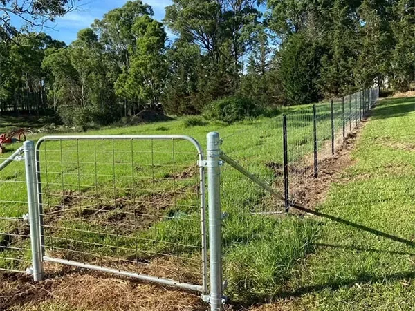 A metal gate and fencing line the edge of a grassy field with trees in the background, on a sunny day.
