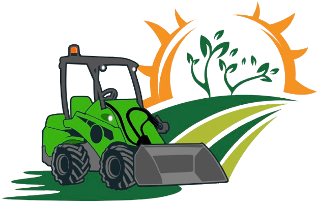 A green tractor with large black tires working on a farm field with trees and a barn in the background.