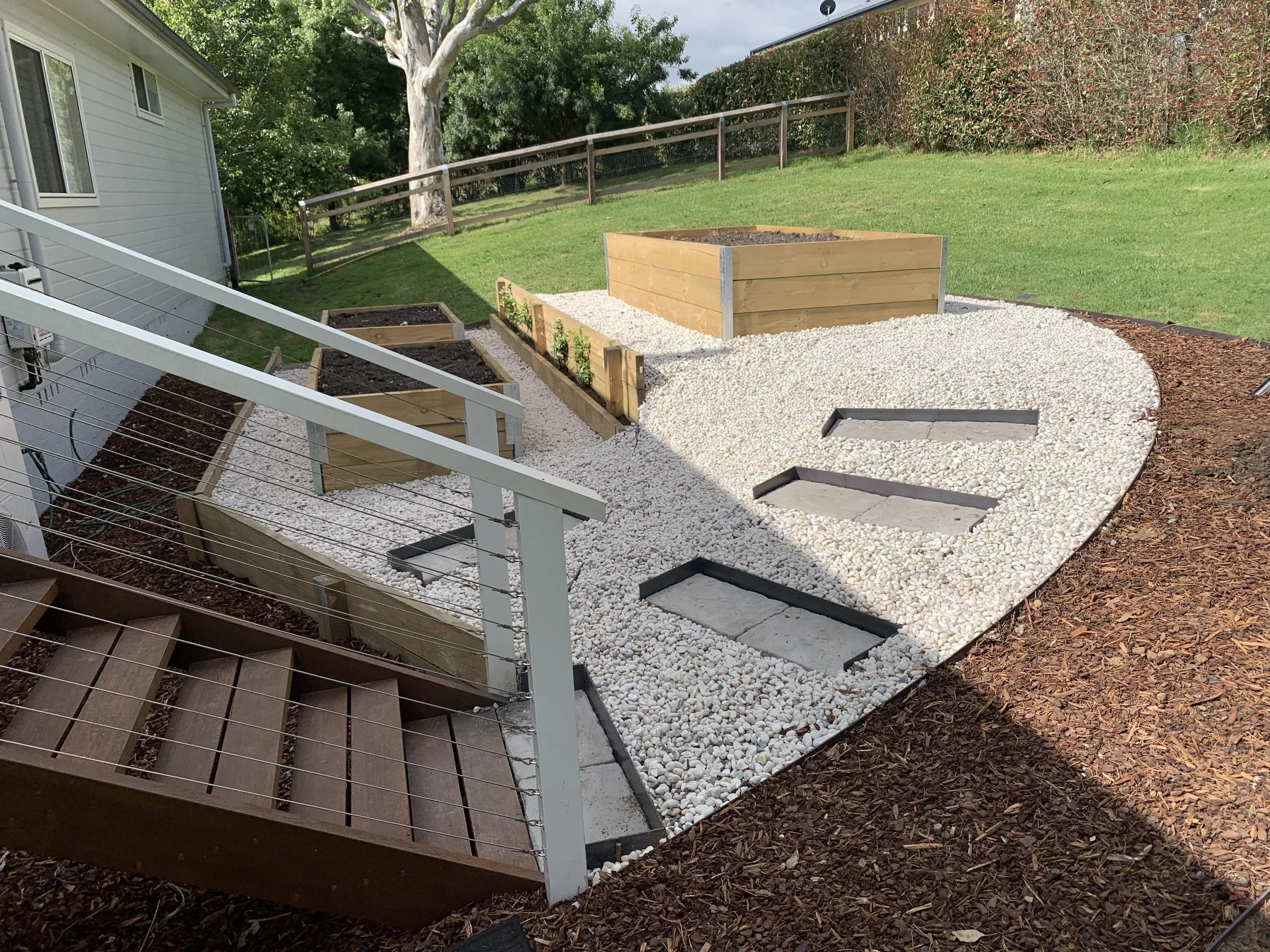 Backyard garden landscape with raised flower beds, gravel path, wooden stairs, and mulched ground, with grassy lawn and fence in background.