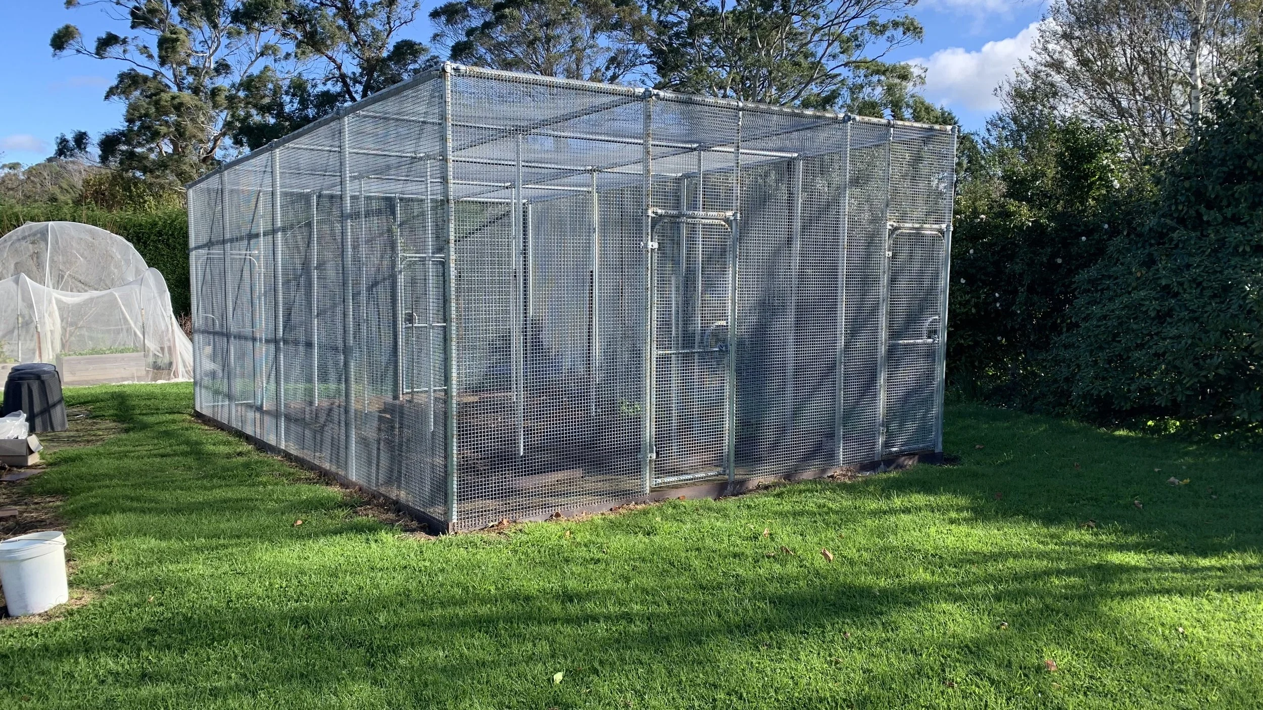 Secure chicken coop with metal fencing and gates, surrounded by a well-maintained grassy lawn in an outdoor garden.