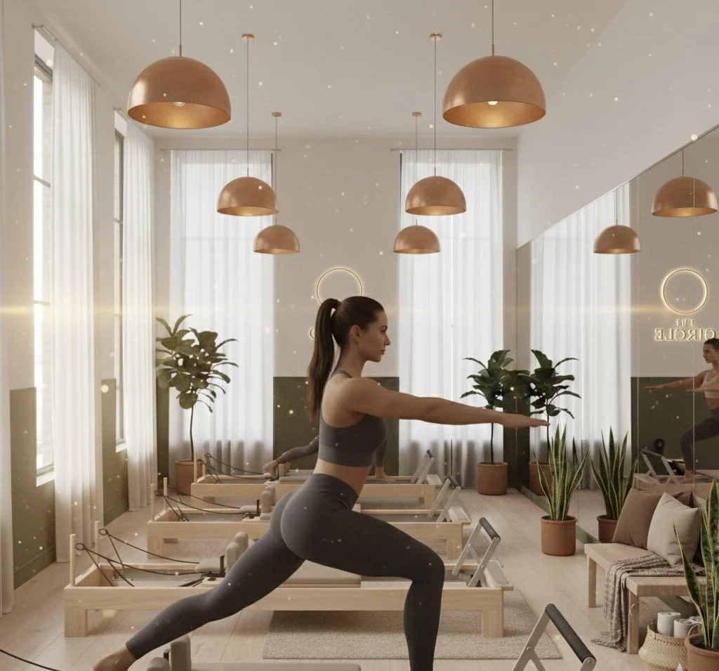 A woman with blonde hair tied in a bun is performing a fitness exercise with a white exercise ball, raising it overhead in a gym or fitness studio.