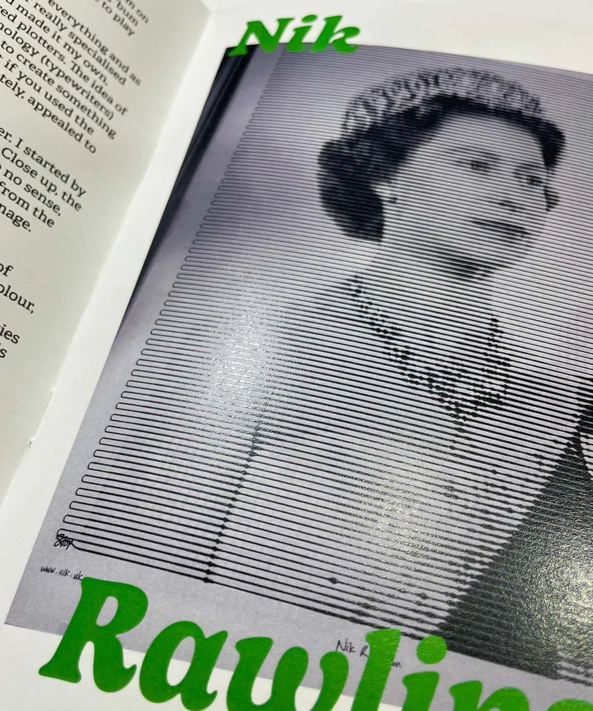 A black and white distorted image of a woman wearing a necklace, framed within black lines, with green text reading 'Nik' at the top and 'Rawlin' at the bottom, on a printed page.