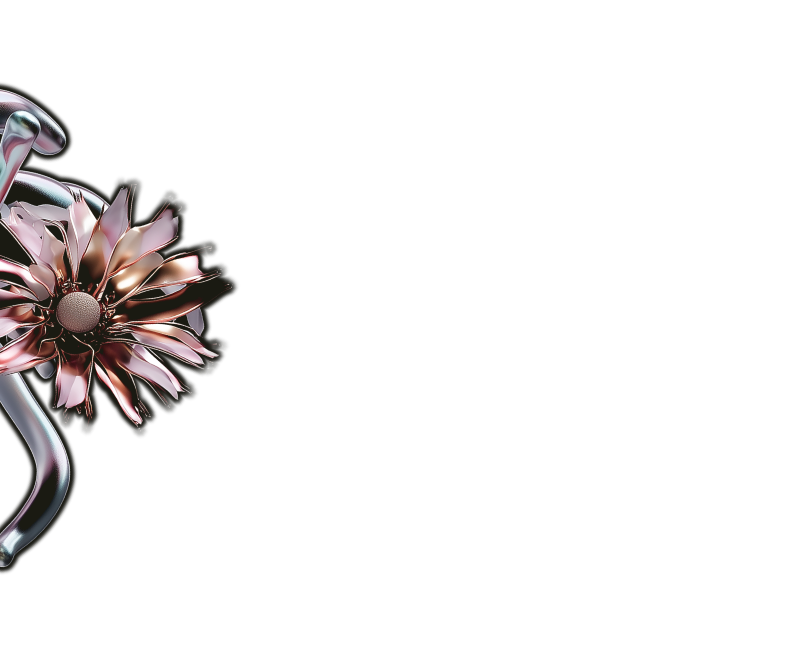 Close-up of a decorative metallic flower and curved design on a black background.