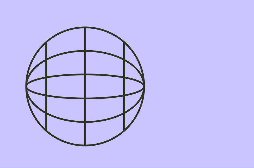 A black wireframe globe on a light purple background.