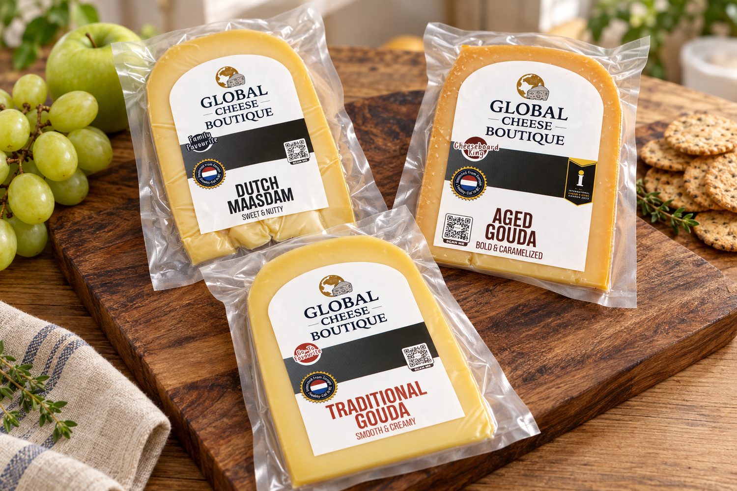 European Classics: three cheese packs on a wooden board