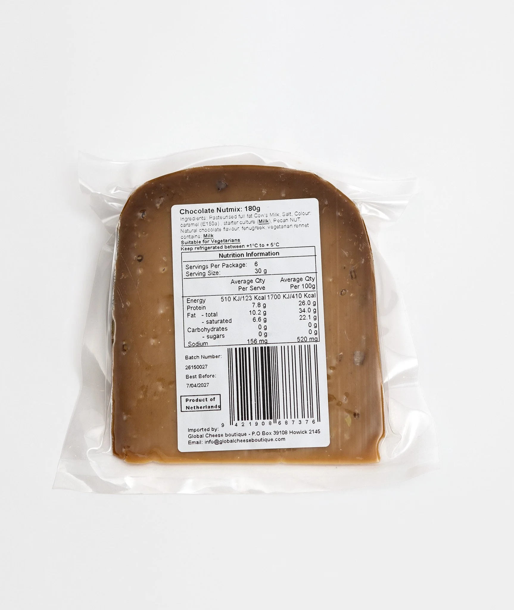 Chocolate Nutmix Gouda 180 g, back of sealed pack showing the information label and barcode
