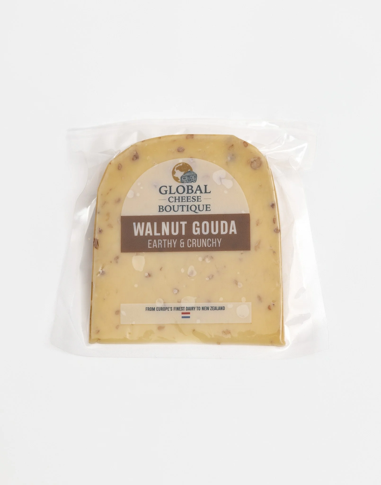 Walnut Gouda 170 g, front of sealed pack on a light background