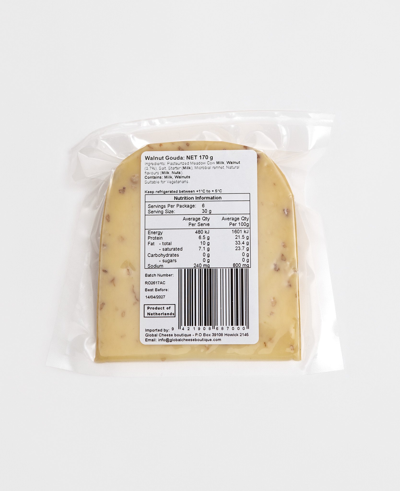 Walnut Gouda 170 g, back of sealed pack showing the information label and barcode