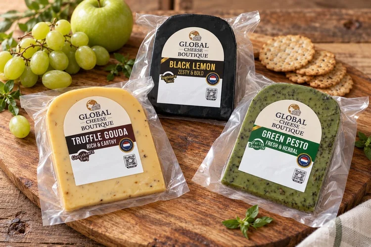 Flavour Adventure, Black Lemon, Truffle and Green Pesto cheese packs on a wooden board