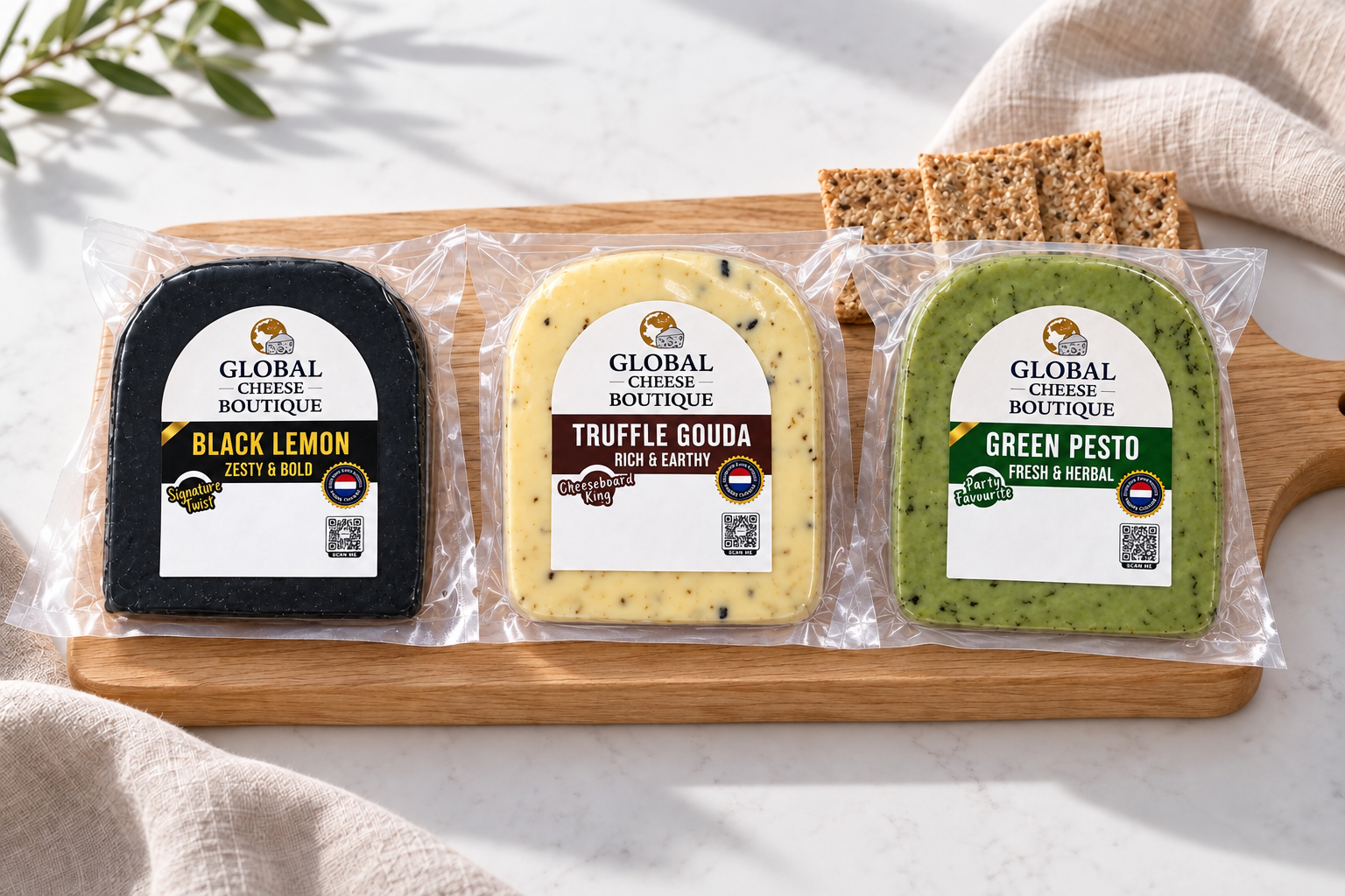 Black Lemon, Truffle and Green Pesto Gouda retail packs arranged on a wooden board.