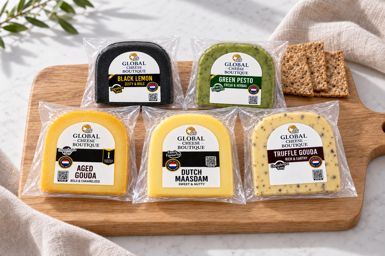 Example Build Your Own 5 selection: Black Lemon, Green Pesto, Aged Gouda, Maasdam and Truffle Gouda. Choose any five cheeses.