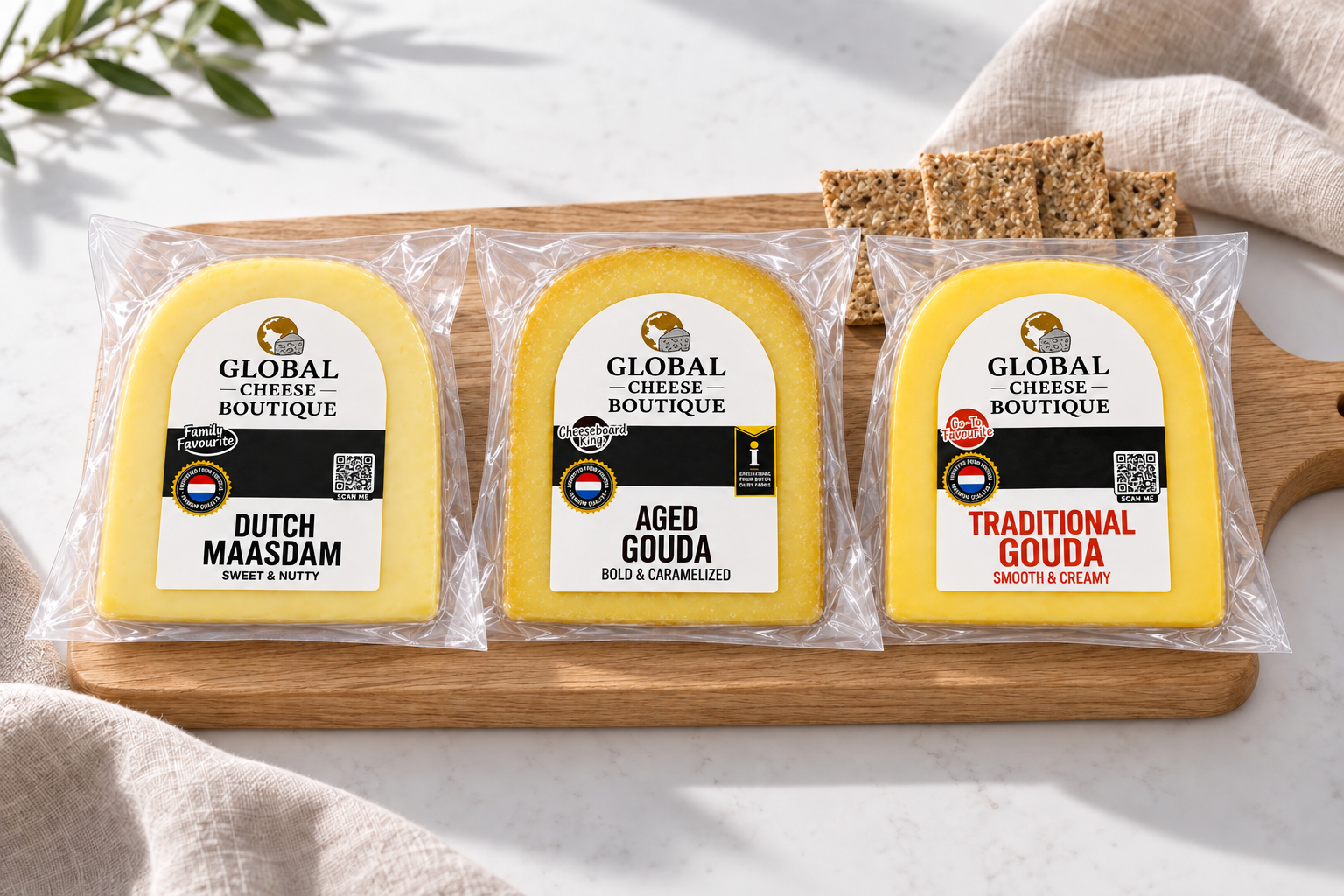 Example Build Your Own 3 selection: Maasdam, Aged Gouda and Traditional Gouda retail packs on a board. Choose any three cheeses.
