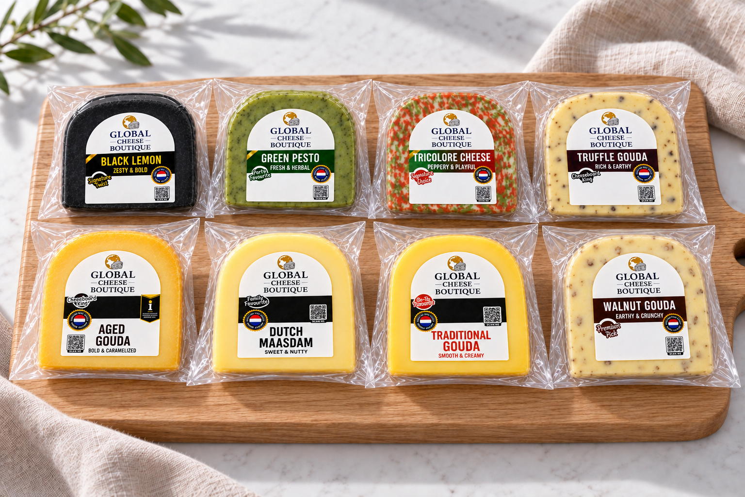 Eight retail cheese packs: Black Lemon, Green Pesto, Tricolore, Truffle, Aged Gouda, Maasdam, Traditional Gouda and Walnut Gouda.