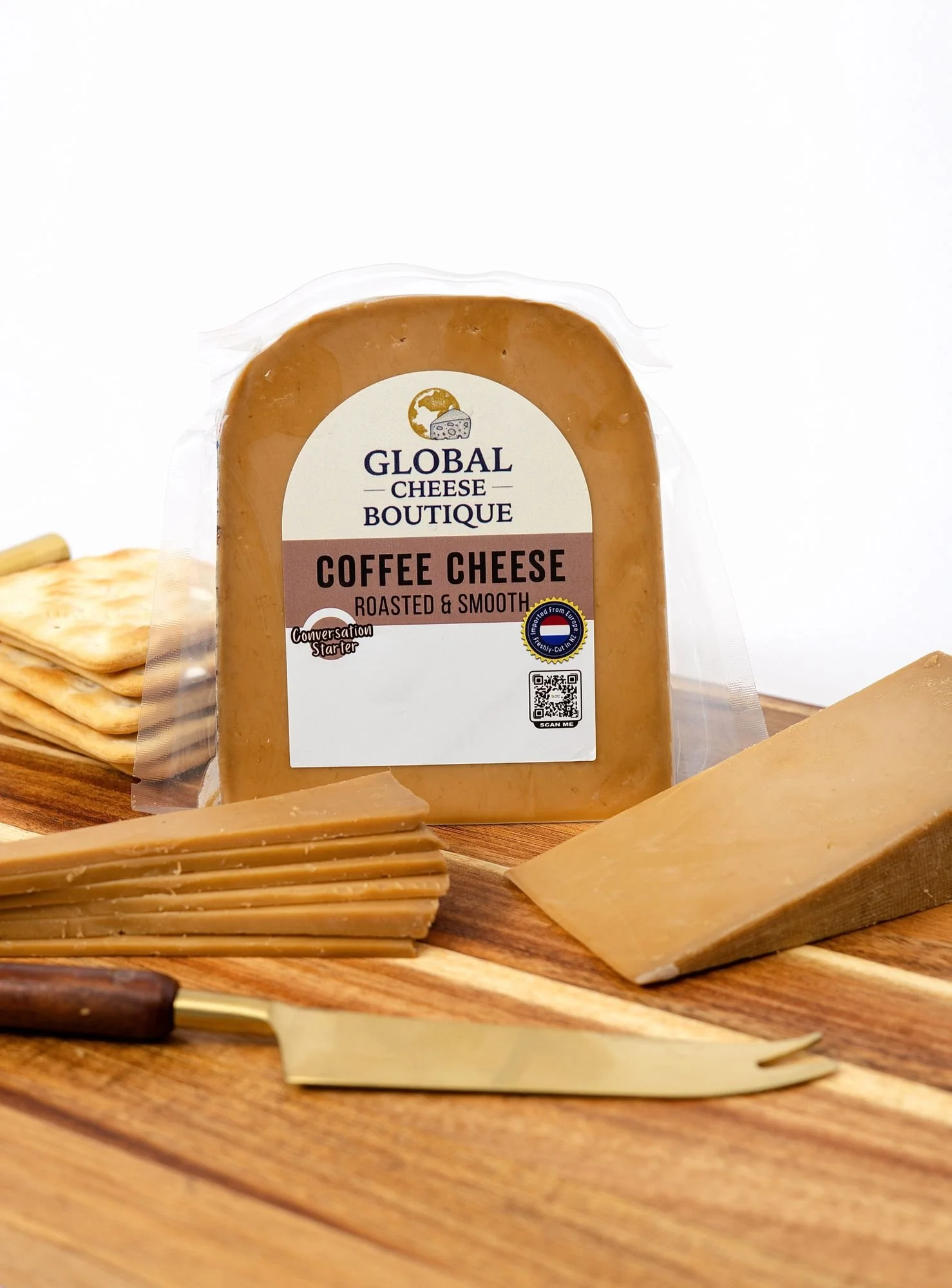 Dutch Coffee Gouda 170 g, sealed pack with a wedge, slices and knife on a board