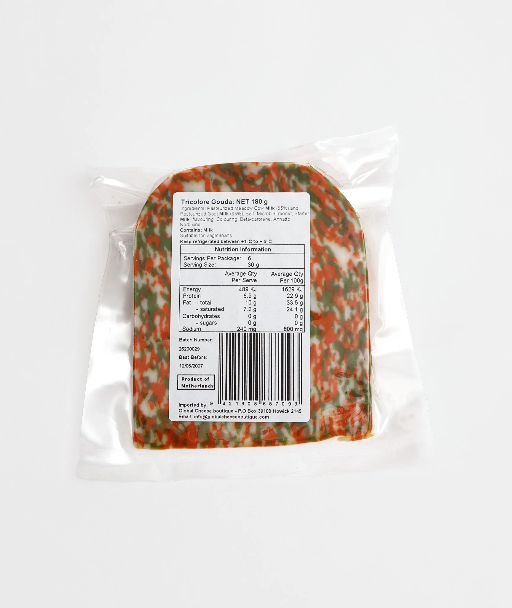 Tricolore Gouda 180 g, back of sealed pack showing the information label and barcode