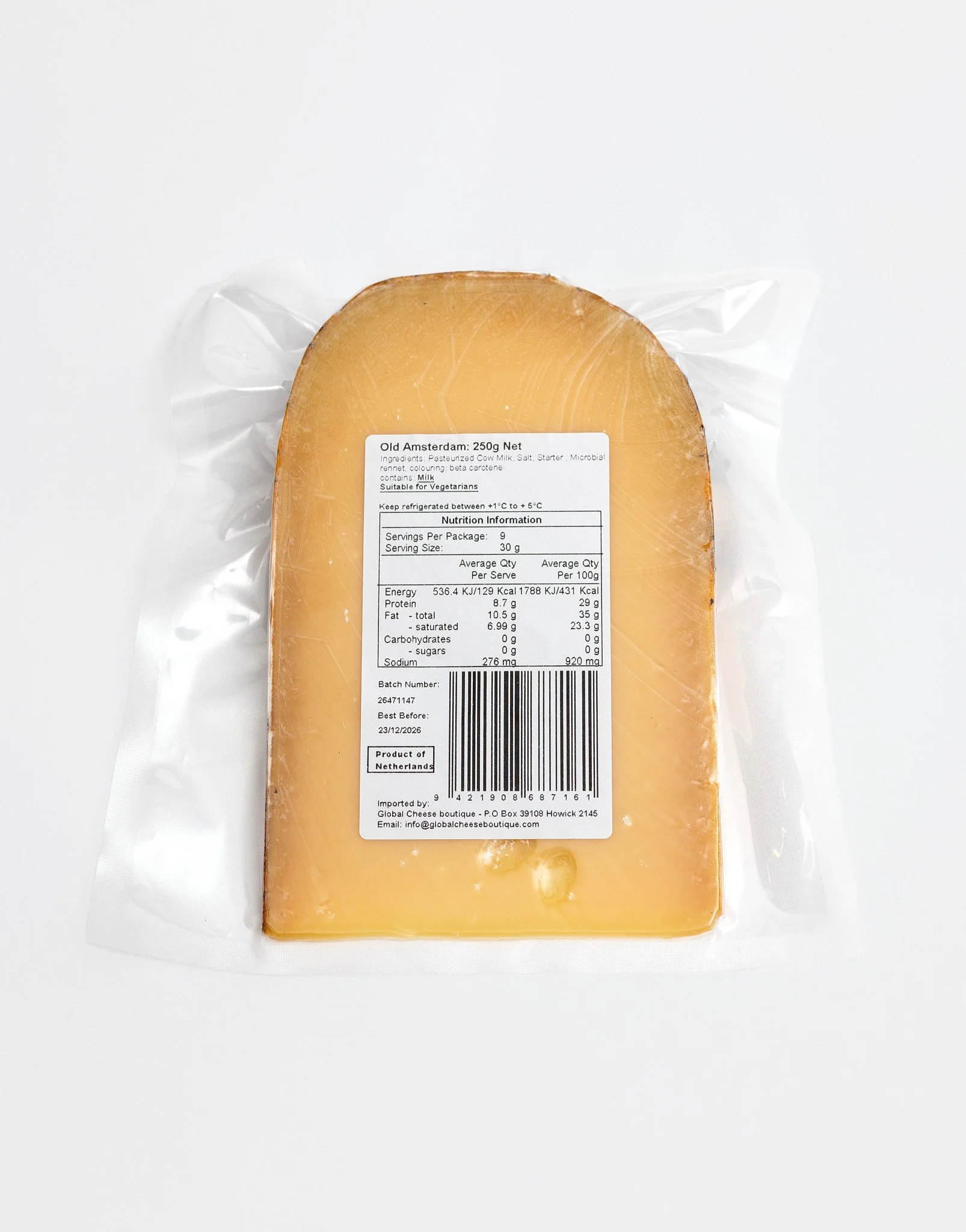 Old Amsterdam Aged Gouda 250 g, back of sealed pack showing the information label and barcode