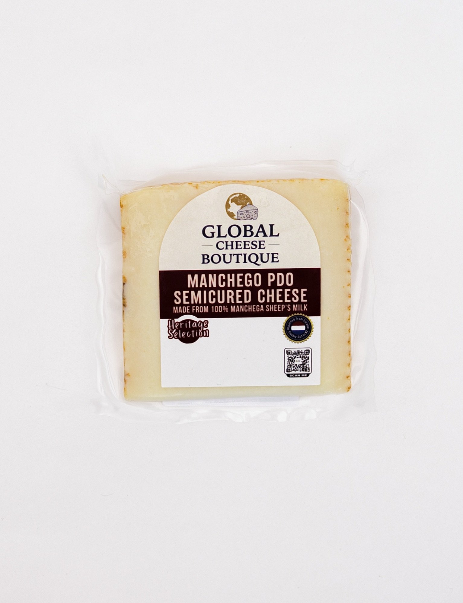Front of the Spanish Manchego PDO semi-cured cheese 140 g vacuum pack