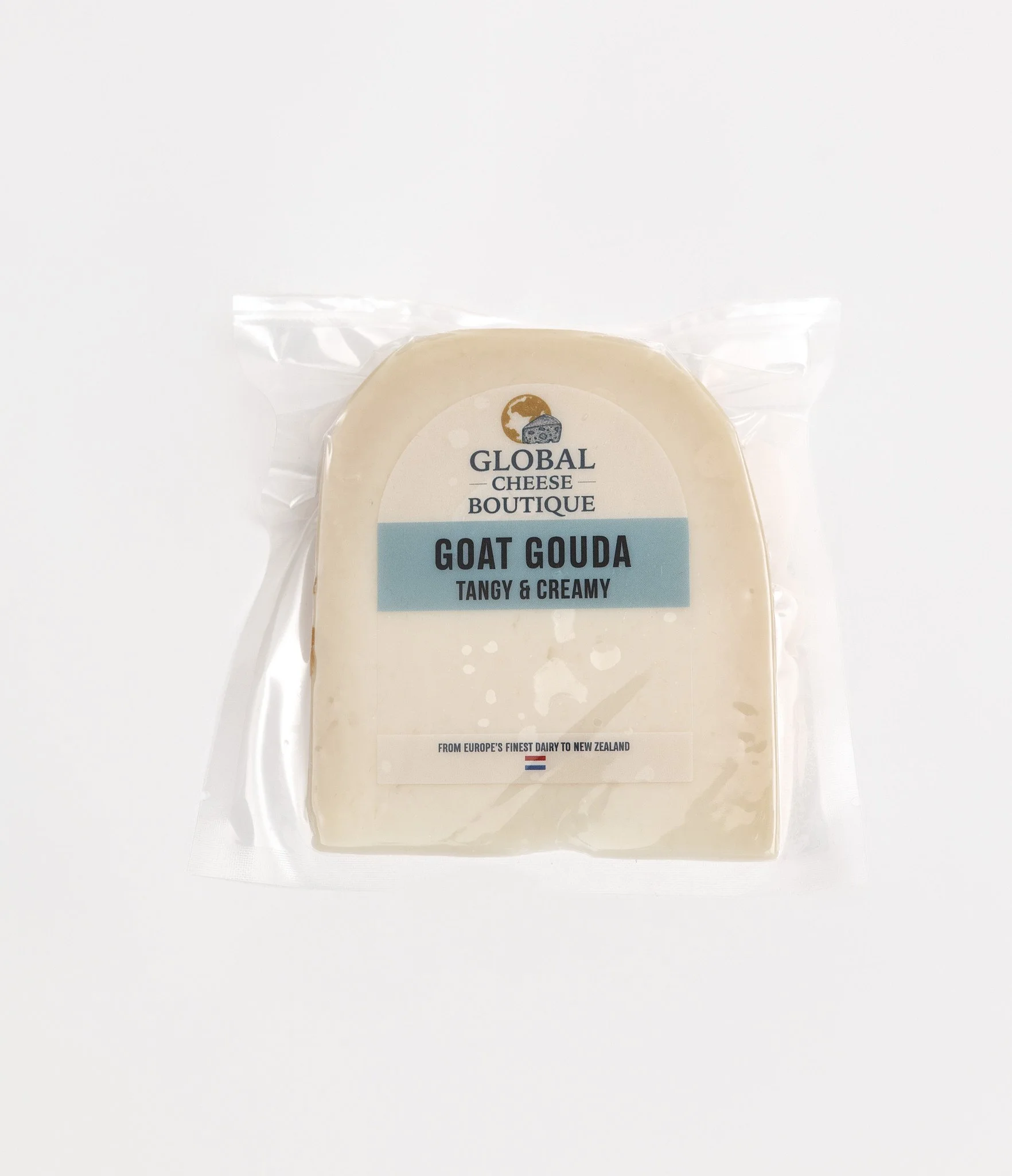 Goat's Milk Gouda 150 g, front of sealed pack on a light background