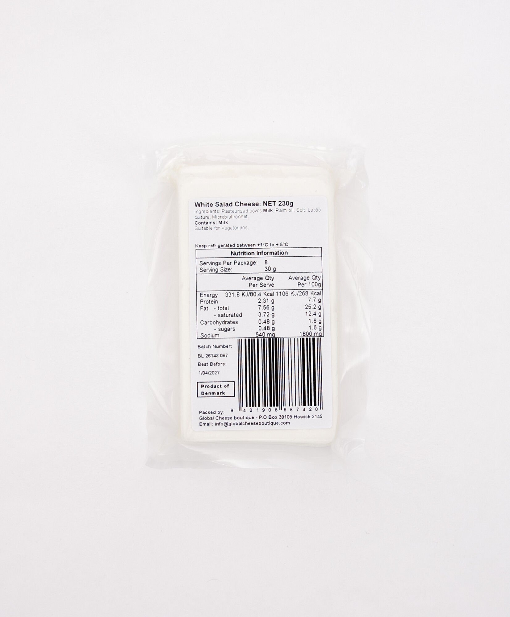 Back label of the White Salad Cheese 230 g pack with ingredients and nutrition information