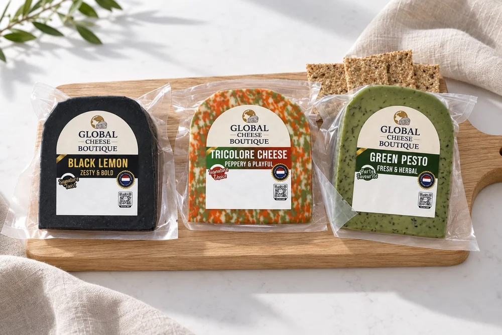 Green Pesto, Black Lemon and Tricolore Gouda in their retail packs
