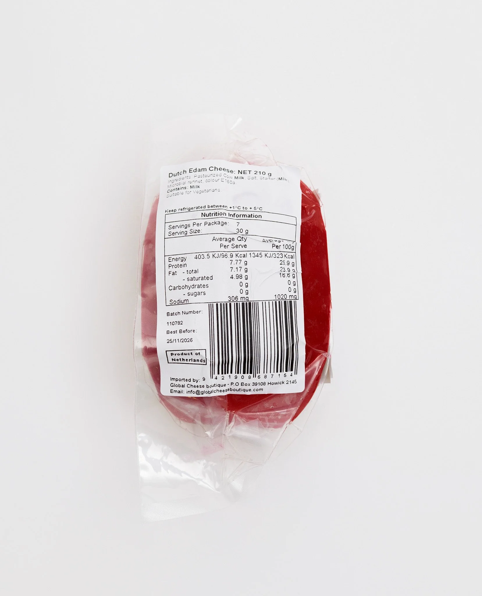 Dutch Edam 210 g, back of sealed pack showing the information label and barcode
