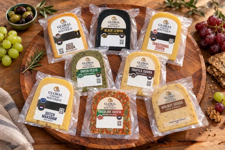 Ultimate Global Cheese Box, eight sealed cheese packs on a round wooden board