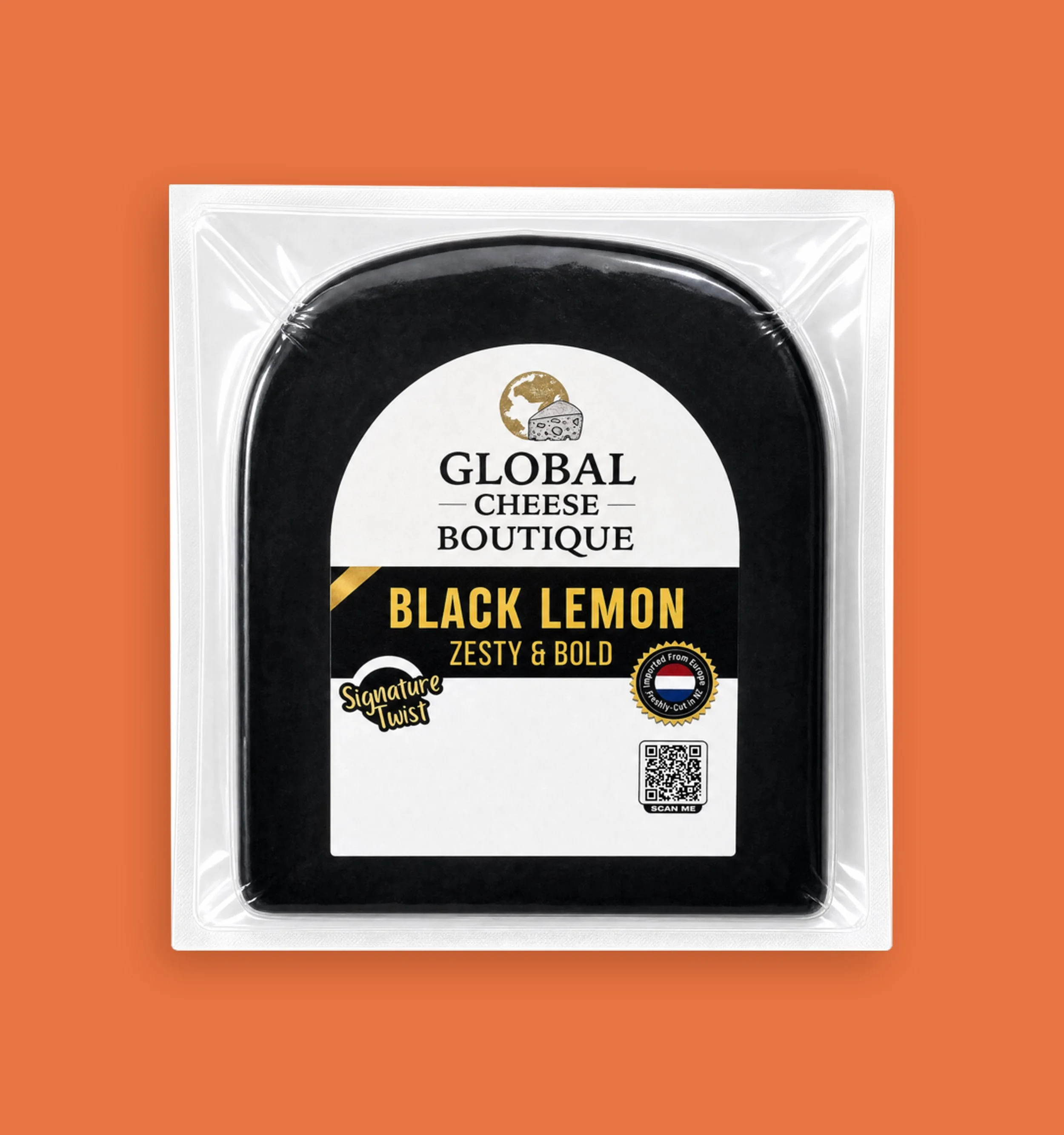 Black Lemon Gouda retail pack from Global Cheese Boutique, set against an orange background.