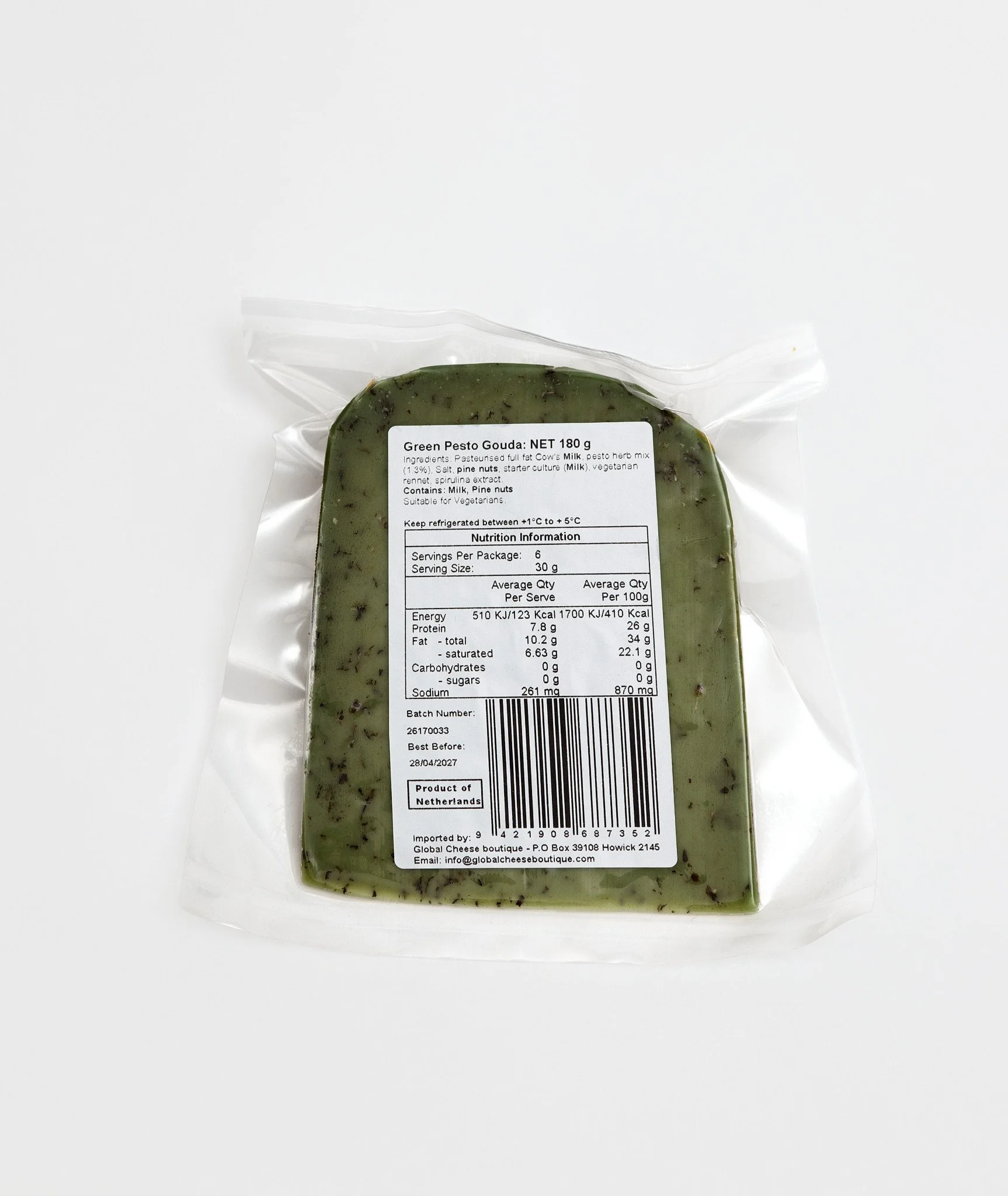 Green Pesto Gouda 180 g, back of sealed pack showing the information label and barcode