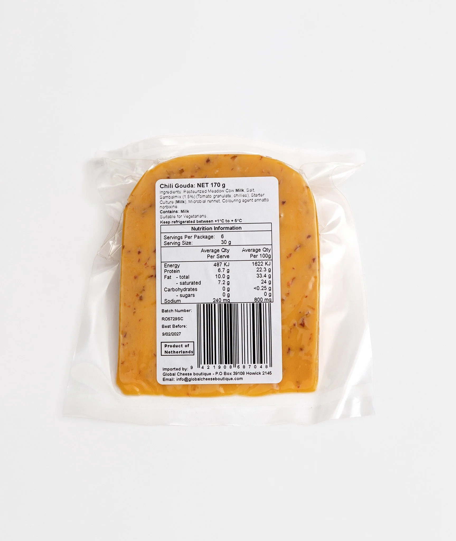 Chilli Gouda, back of sealed pack showing the information label and barcode