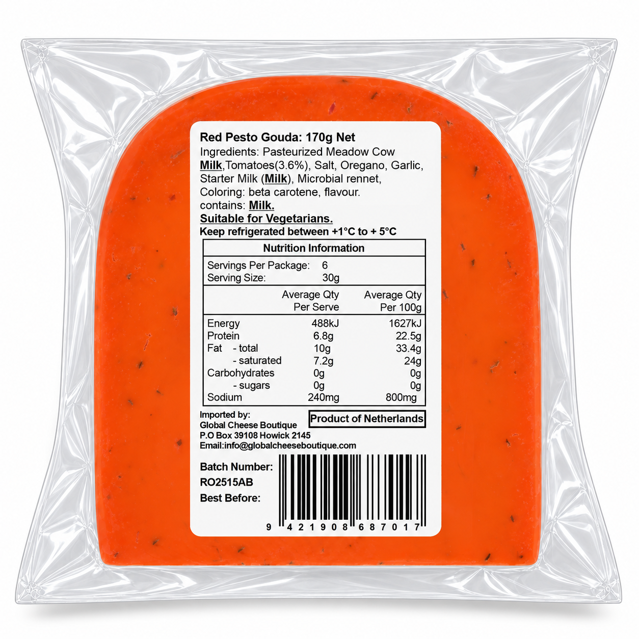 Red Pesto Gouda, back of sealed pack showing the information label and barcode