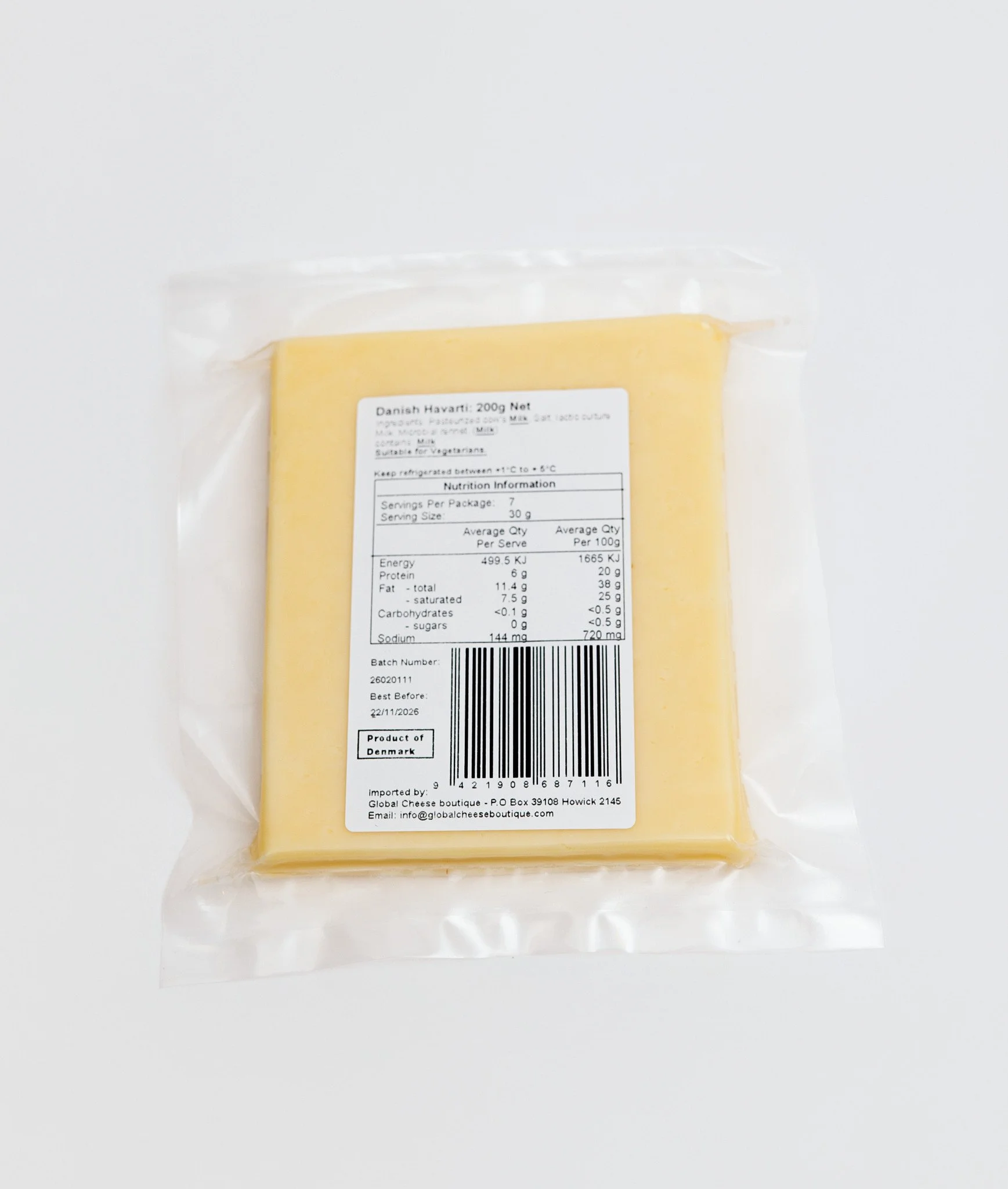 Danish Havarti 200 g, back of sealed pack showing the information label and barcode