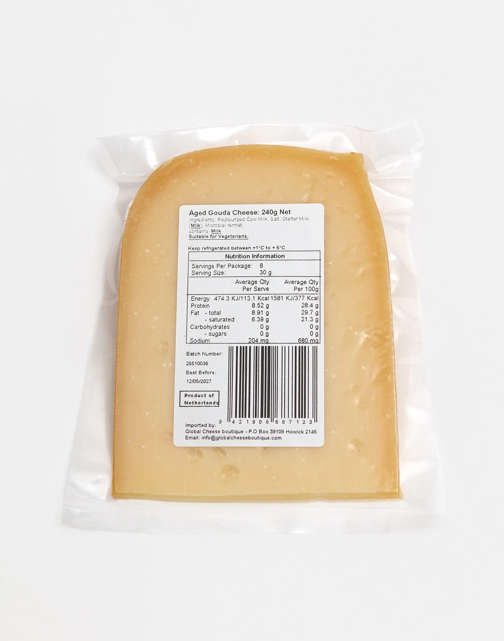 Aged Gouda 240 g, back of sealed pack showing the information label and barcode