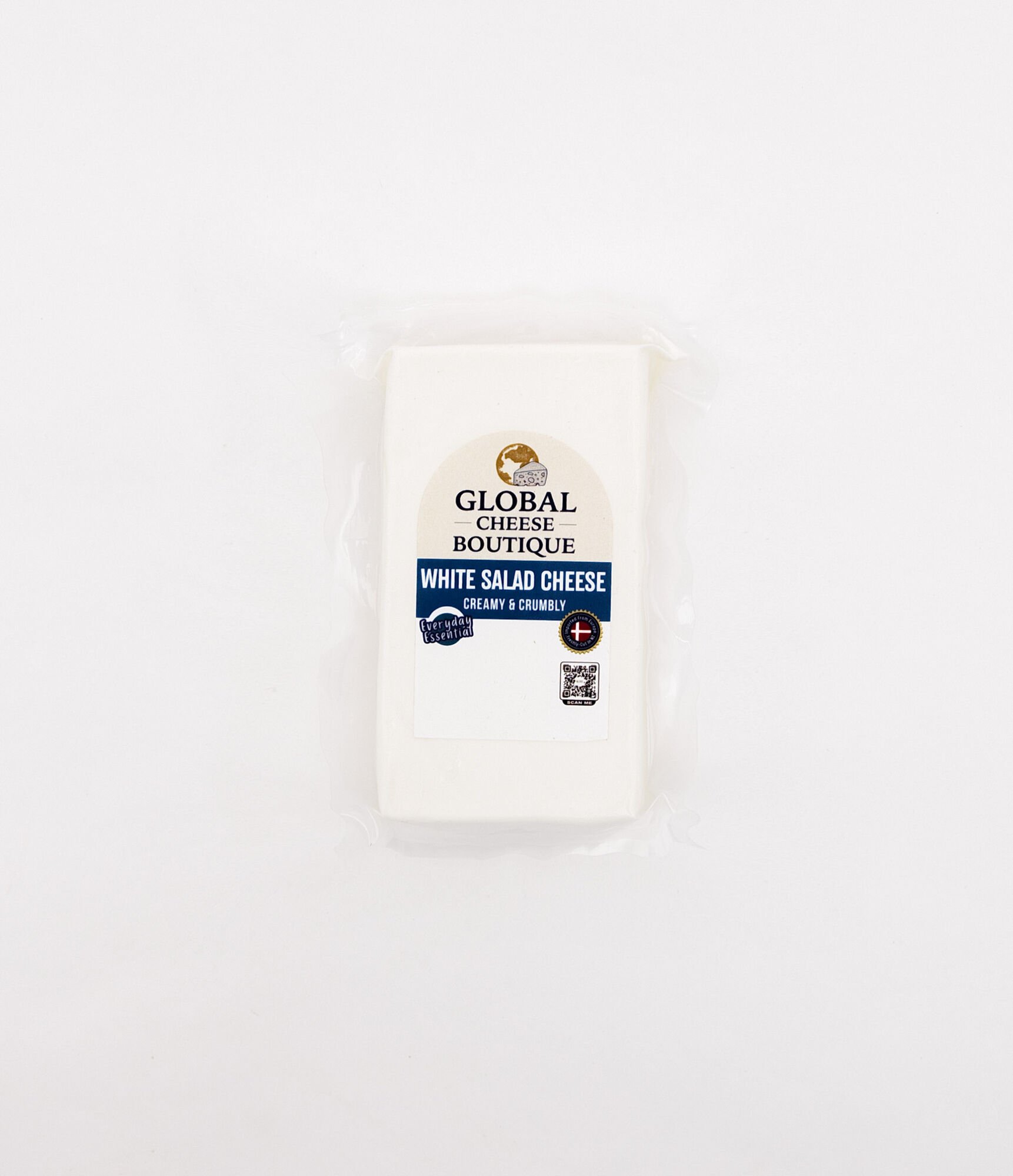 Front of the White Salad Cheese 230 g vacuum pack, labelled creamy and crumbly