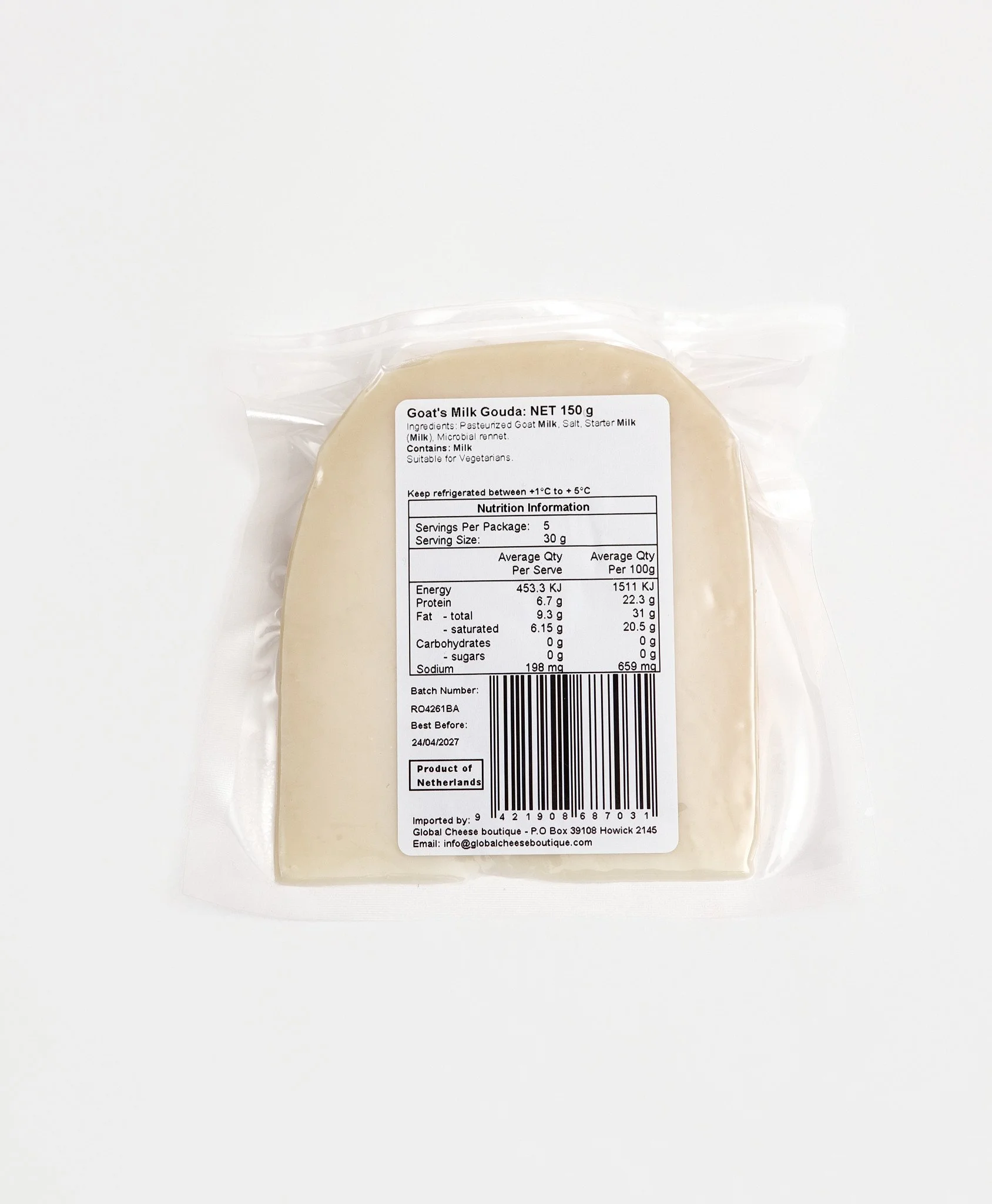 Goat's Milk Gouda 150 g, back of sealed pack showing the information label and barcode