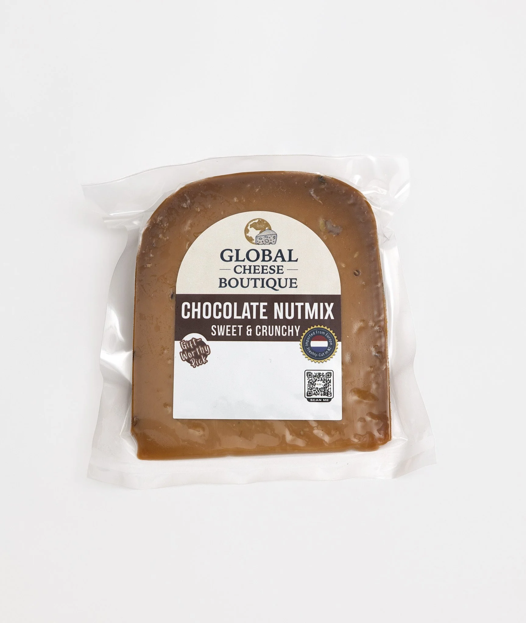 Chocolate Nutmix Gouda 180 g, front of sealed pack on a light background
