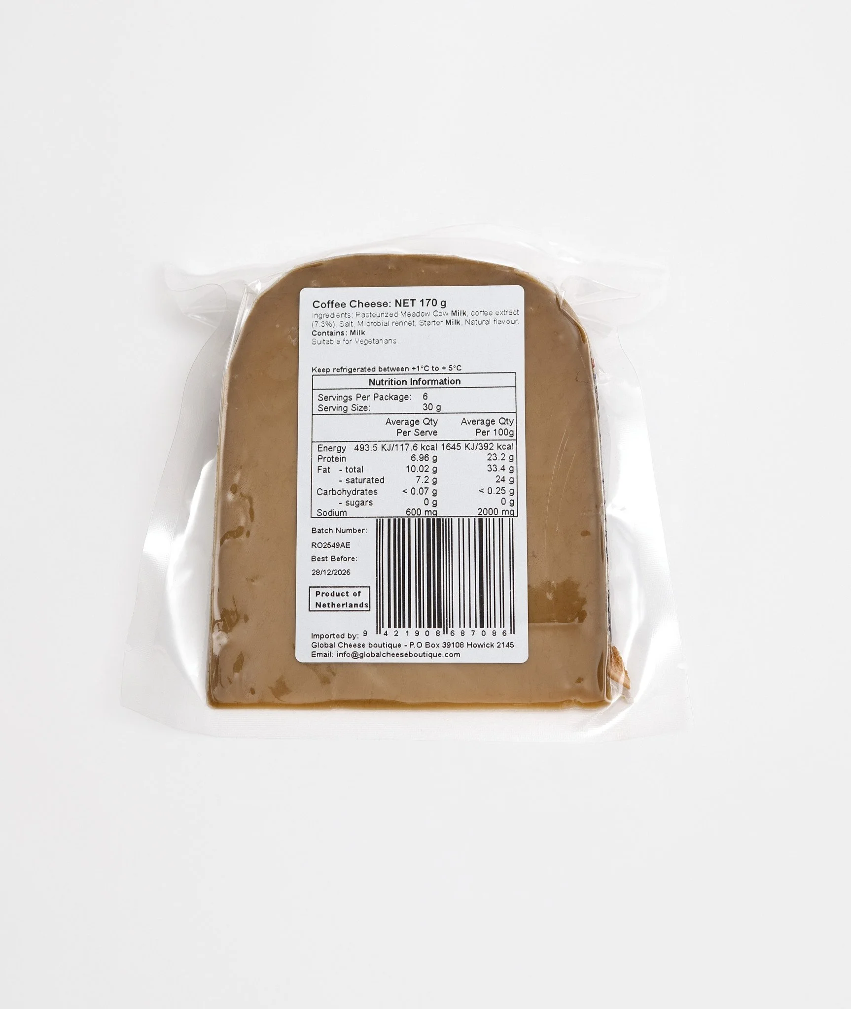 Dutch Coffee Gouda 170 g, back of sealed pack showing the information label and barcode