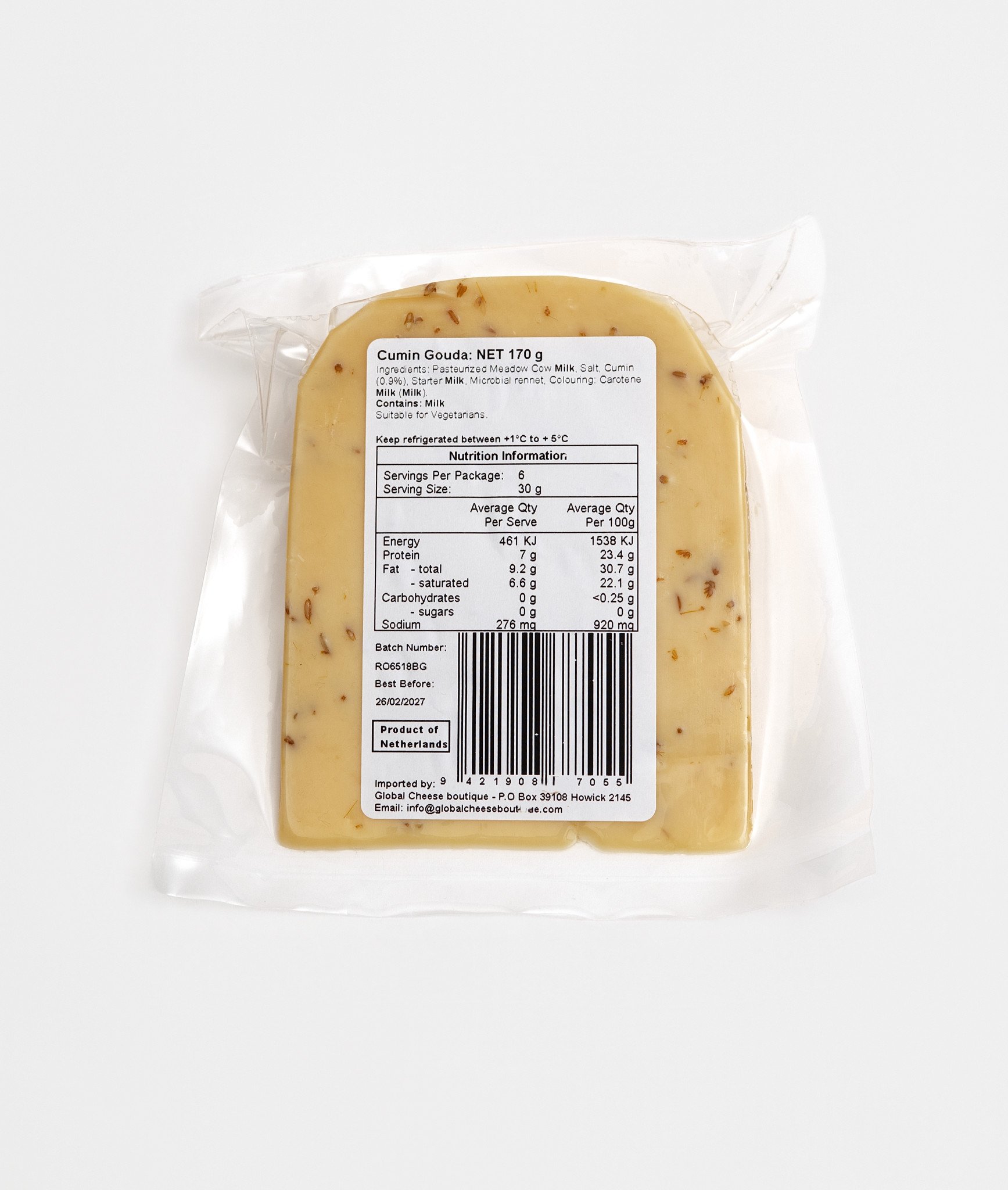 Cumin Gouda 170 g, back of sealed pack showing the information label and barcode