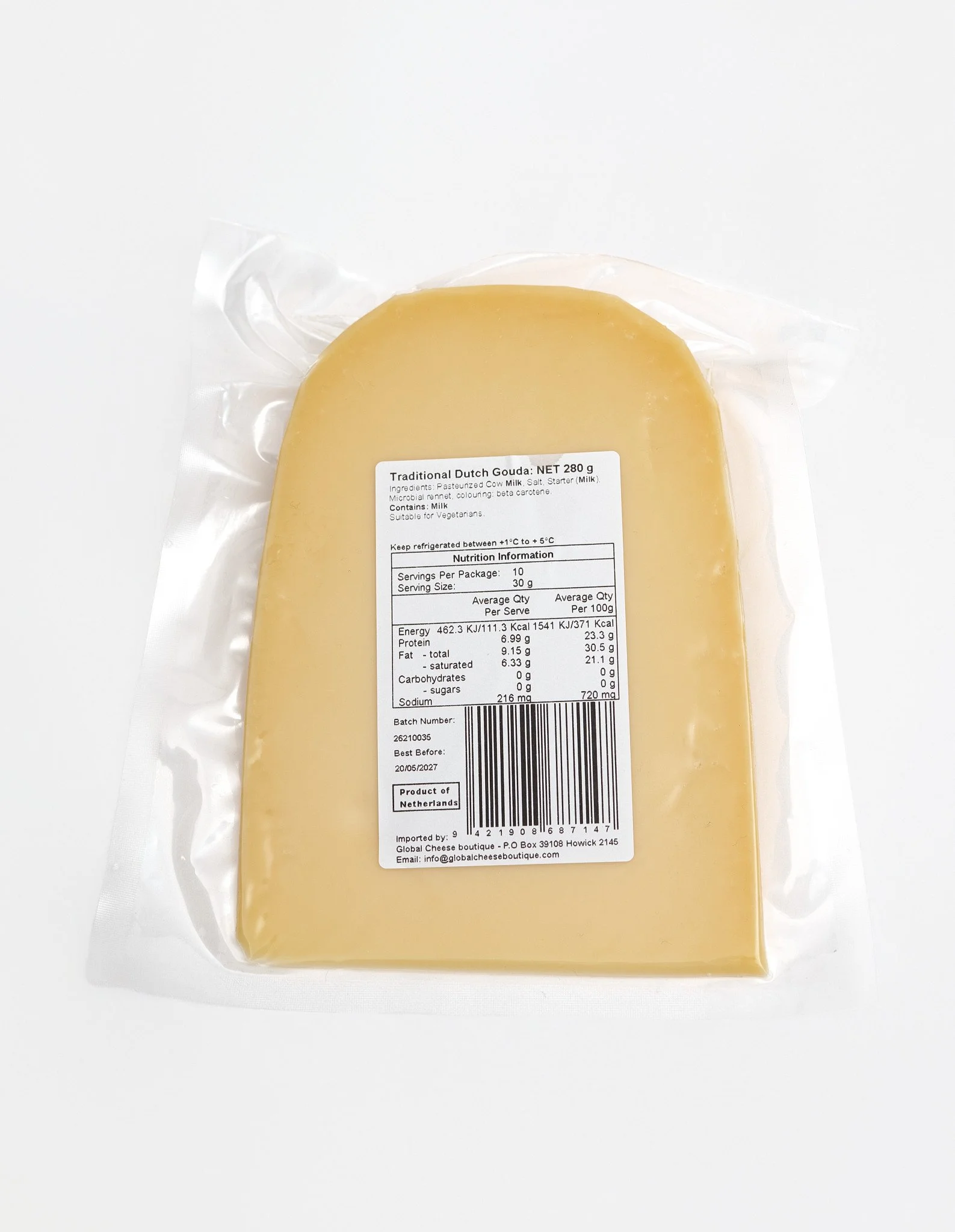 Traditional Dutch Gouda 280 g, back of sealed pack showing the information label and barcode