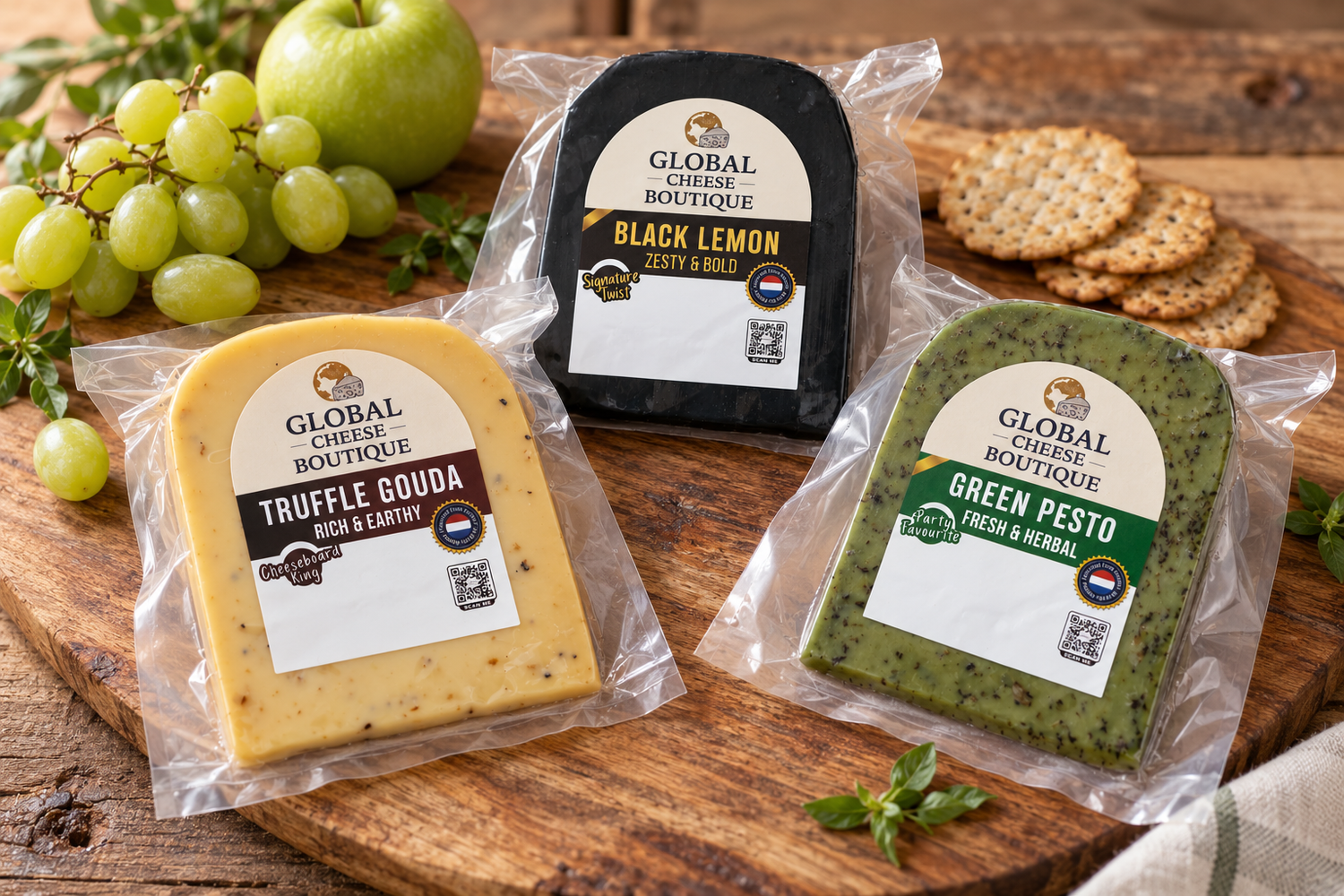 Flavour Adventure: Black Lemon, Green Pesto and Truffle cheese packs on a board