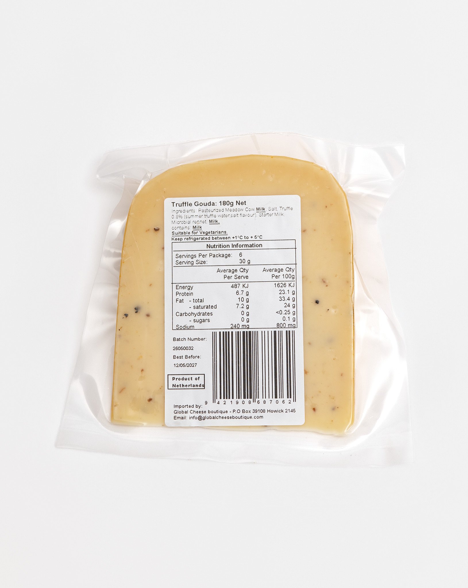Truffle Gouda 180 g, back of sealed pack showing the information label and barcode
