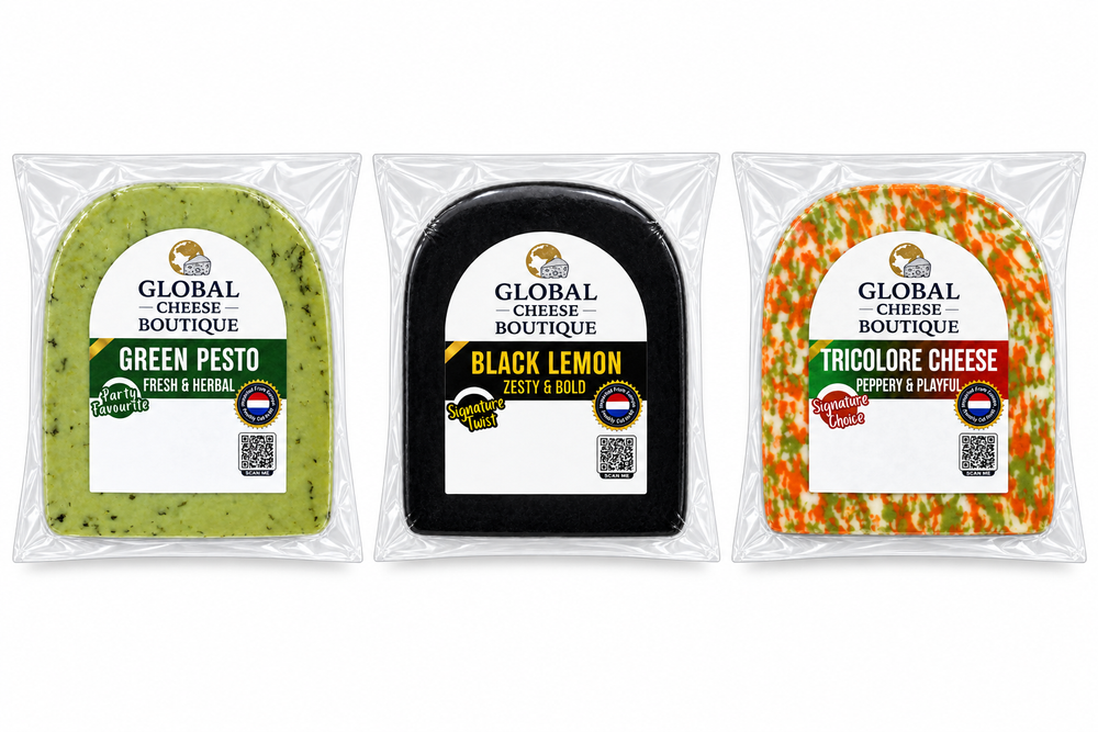 Green Pesto, Black Lemon and Tricolore Gouda in their retail packs
