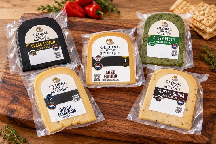 Build Your Own 5 example, five sealed cheese packs on a wooden board